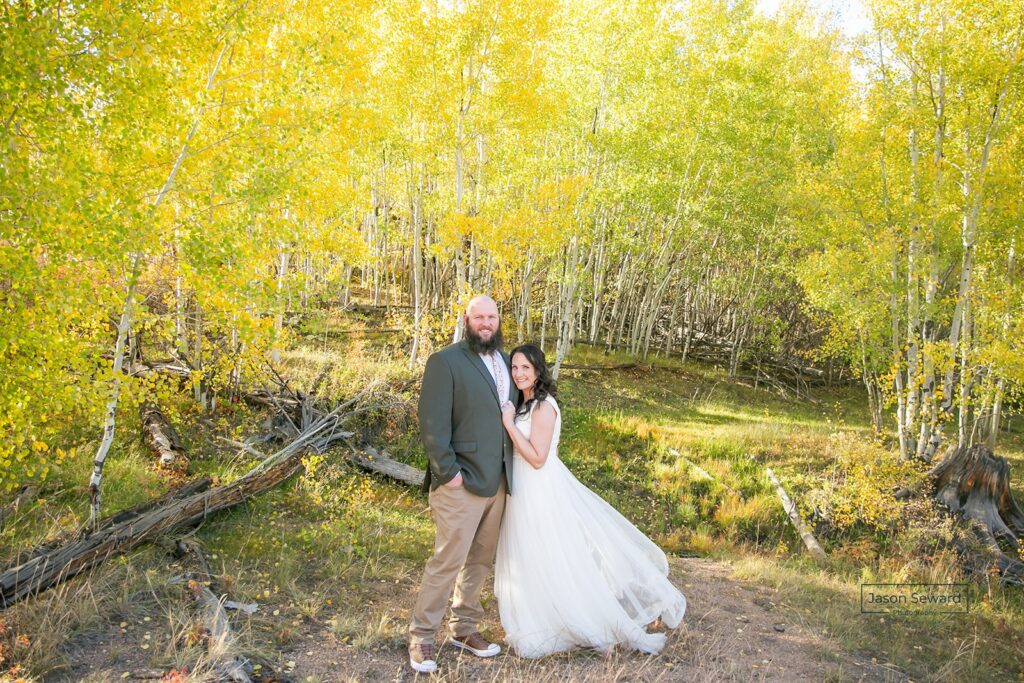 elopement couple surrounded by fall colored trees